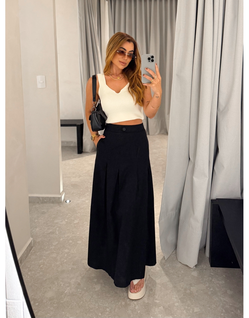 Saia Midi Linho Val Preta