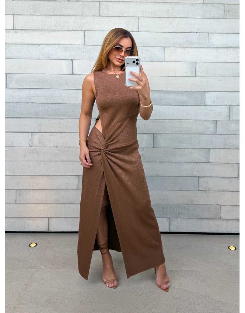 Vestido Tricot Brilho Victoria Marrom