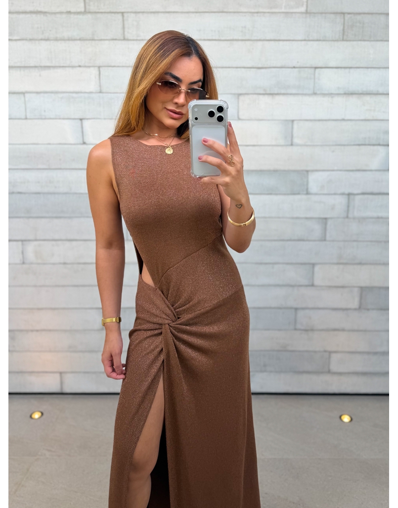 Vestido Tricot Brilho Victoria Marrom