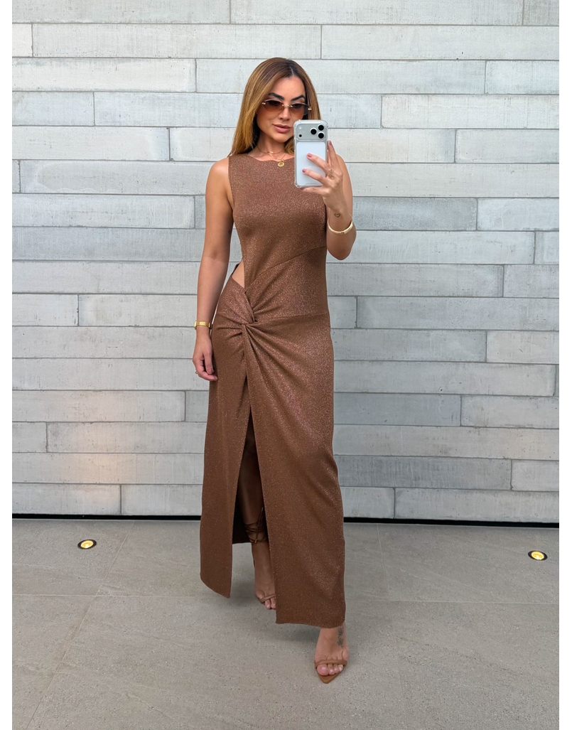 Vestido Tricot Brilho Victoria Marrom