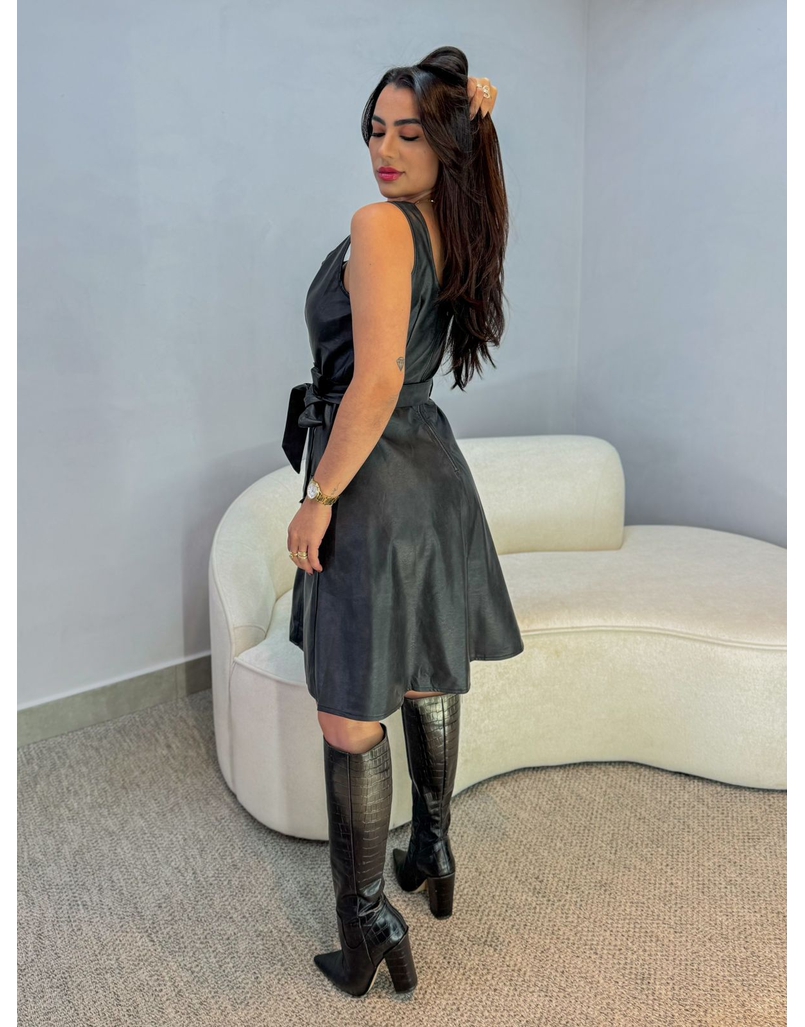 Vestido Couro Fake Alça Preto