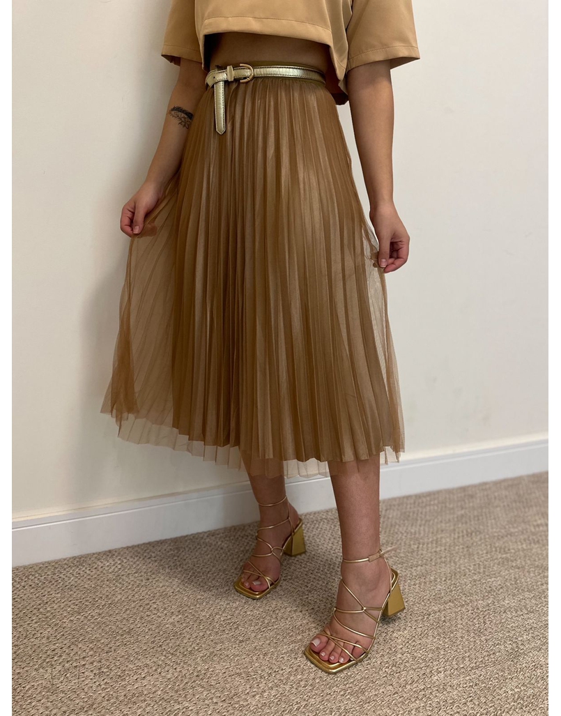 Saia Midi Tule Plissada Marrom