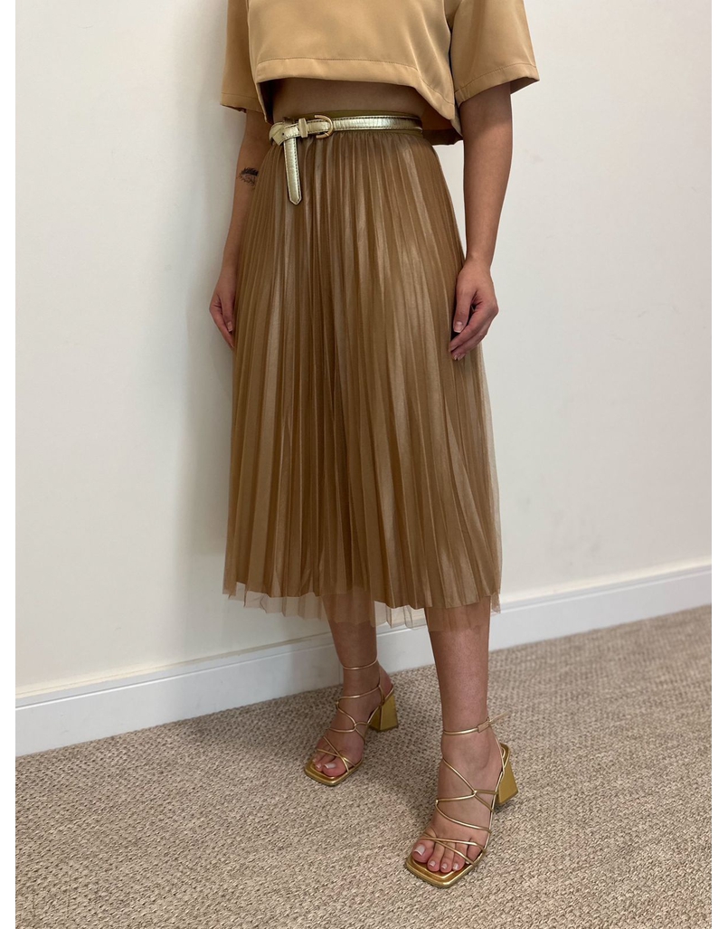 Saia Midi Tule Plissada Marrom