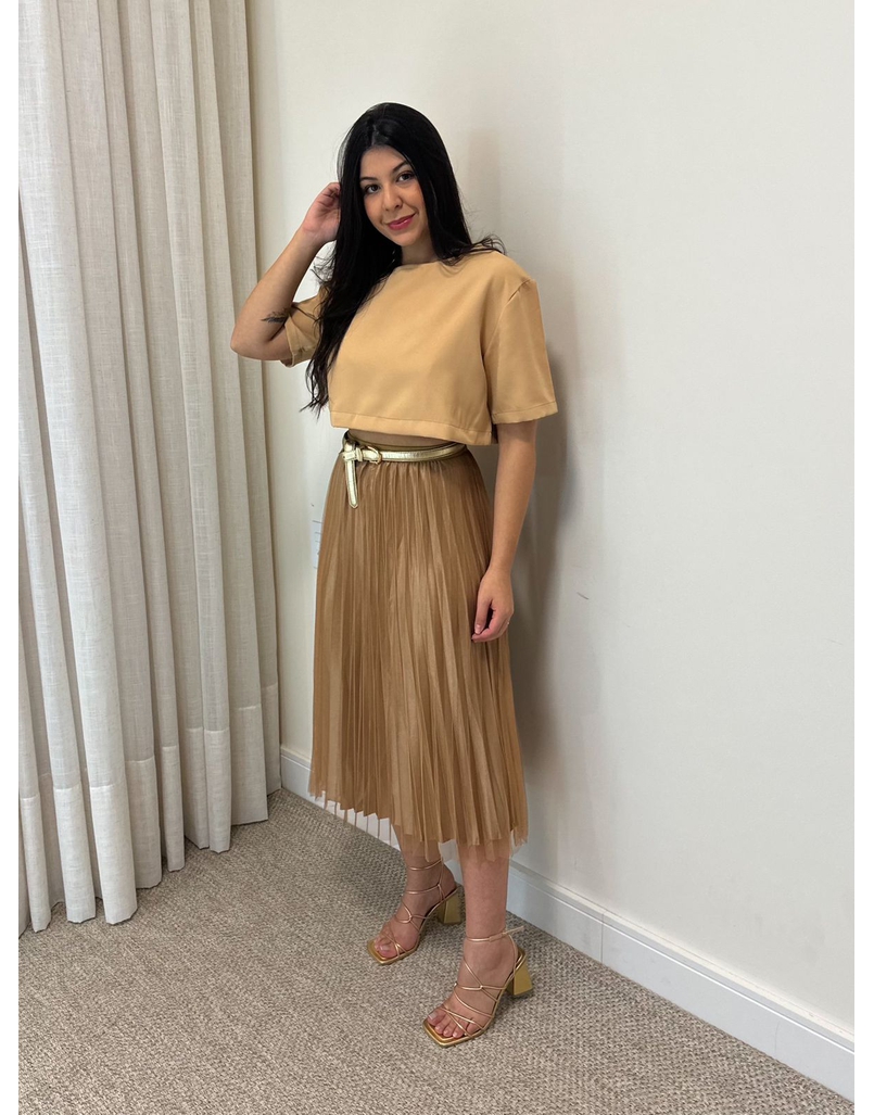 Saia Midi Tule Plissada Marrom