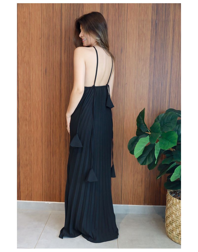 Vestido Plissado Frente Única Preto