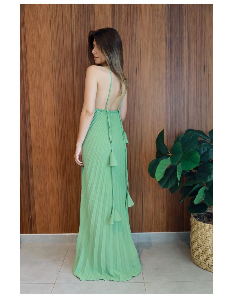 Vestido Plissado Frente Única Verde