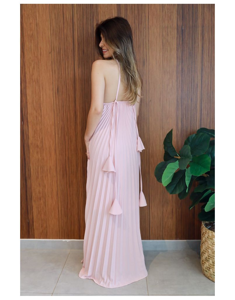 Vestido Plissado Frente Única Rosa