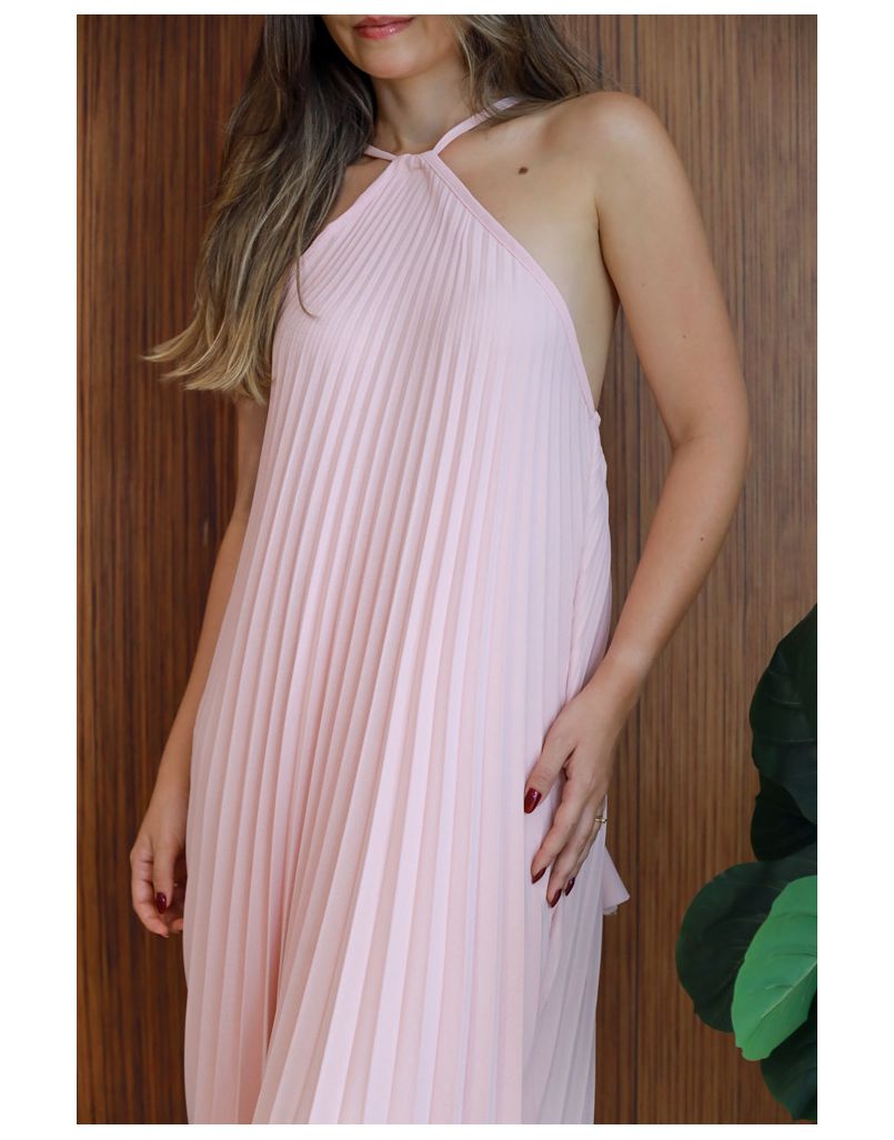 Vestido Plissado Frente Única Rosa