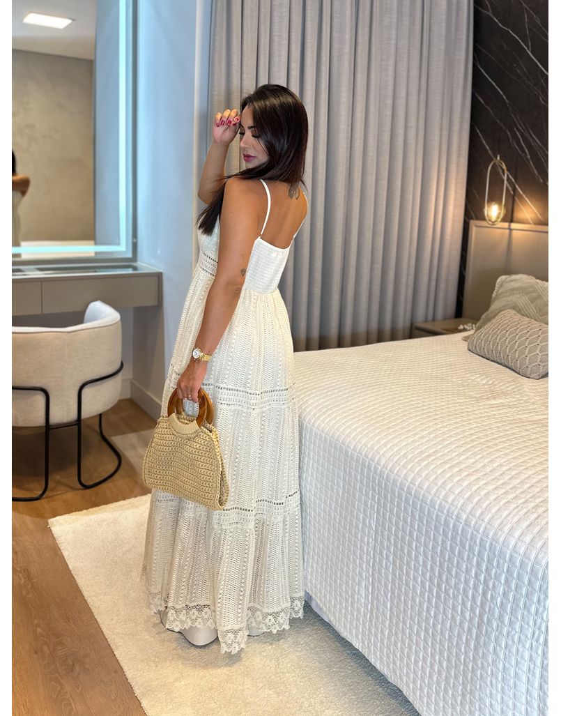 Vestido Longo Crochê Rendado Areia