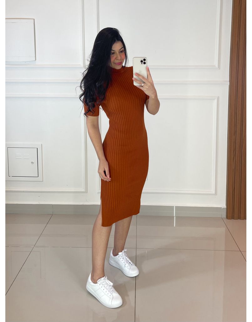 Vestido Midi Tricot Manguinha Terracota