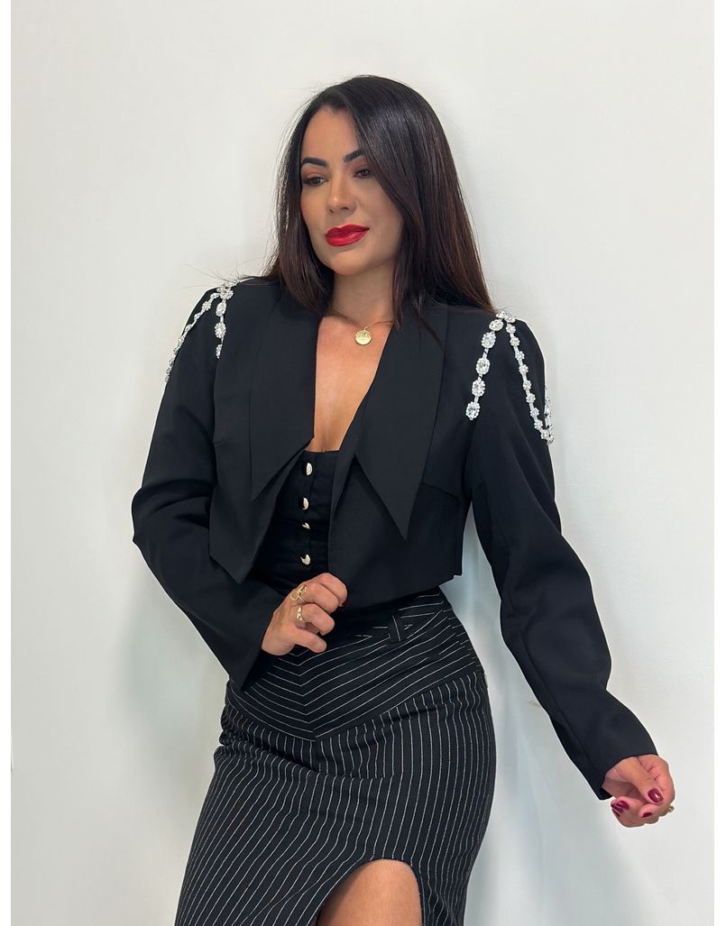 Blazer Cropped Strass Preto