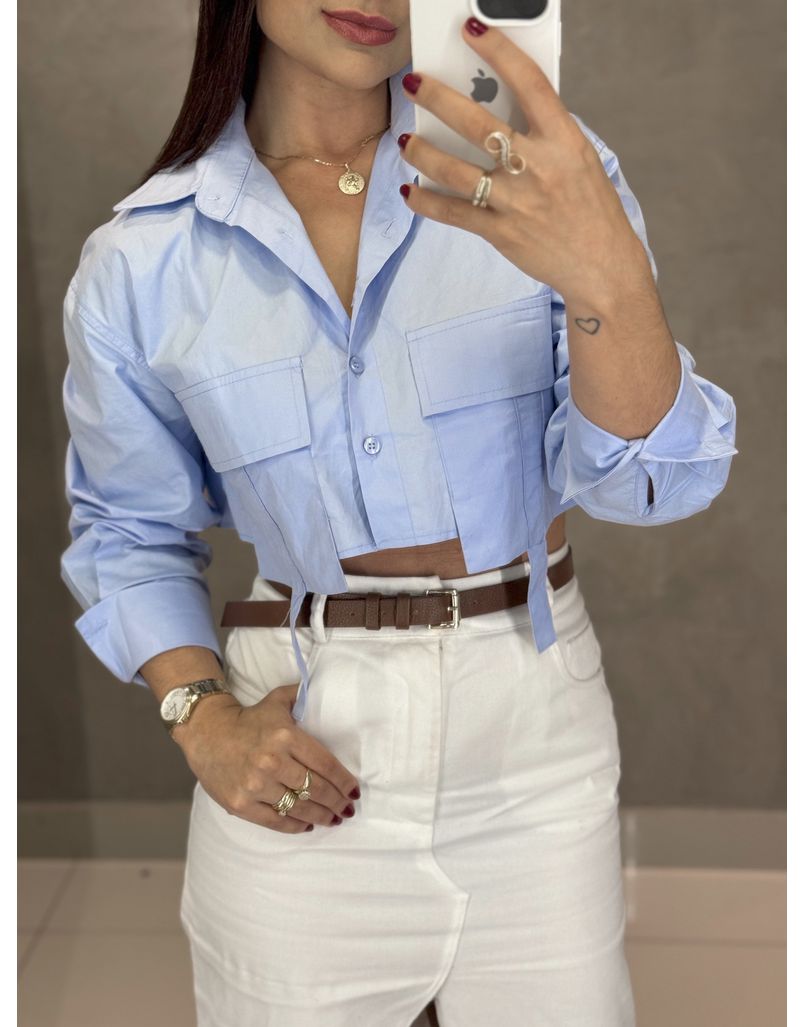 Camisa Cropped Tricoline Ana Azul 