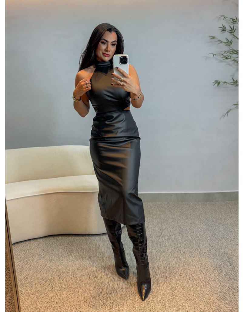 Vestido Midi Couro Fake Helena Preto