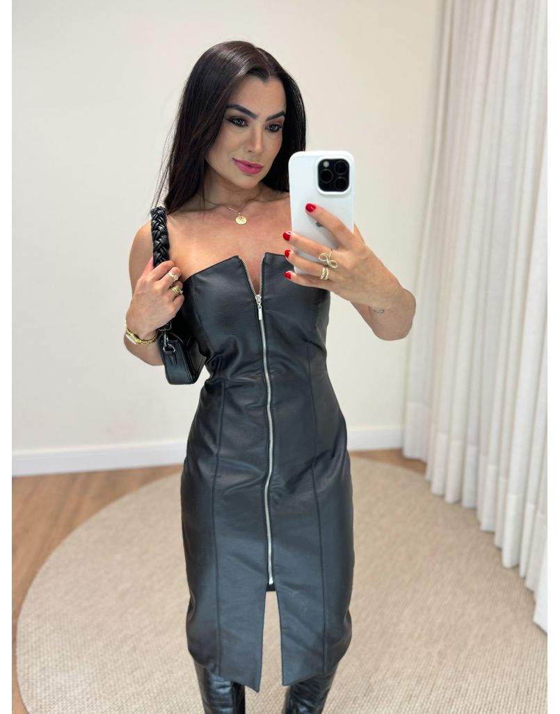 Vestido Couro Fake Tubinho Zíper 