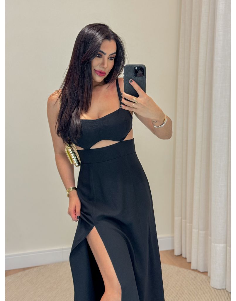 Vestido Midi Decote Vazado Preto