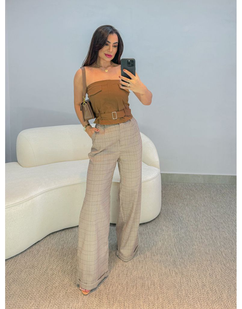 Calça Pantalona Xadrez Marrom 