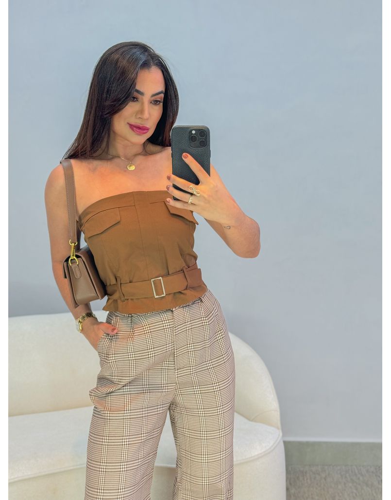 Calça Pantalona Xadrez Marrom 