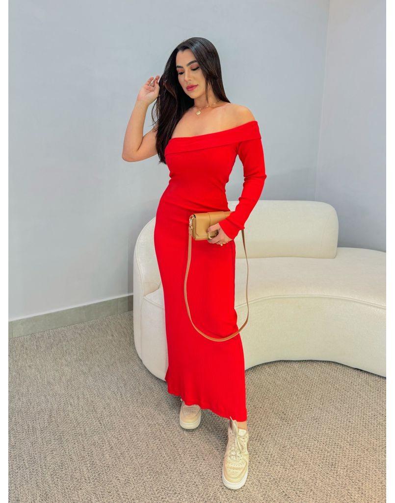 Vestido Longo Canelado Vermelho 