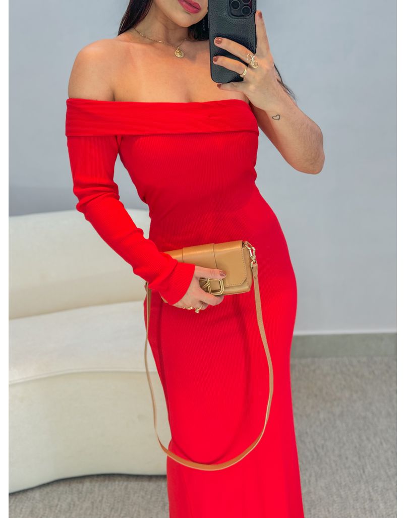Vestido Longo Canelado Vermelho 