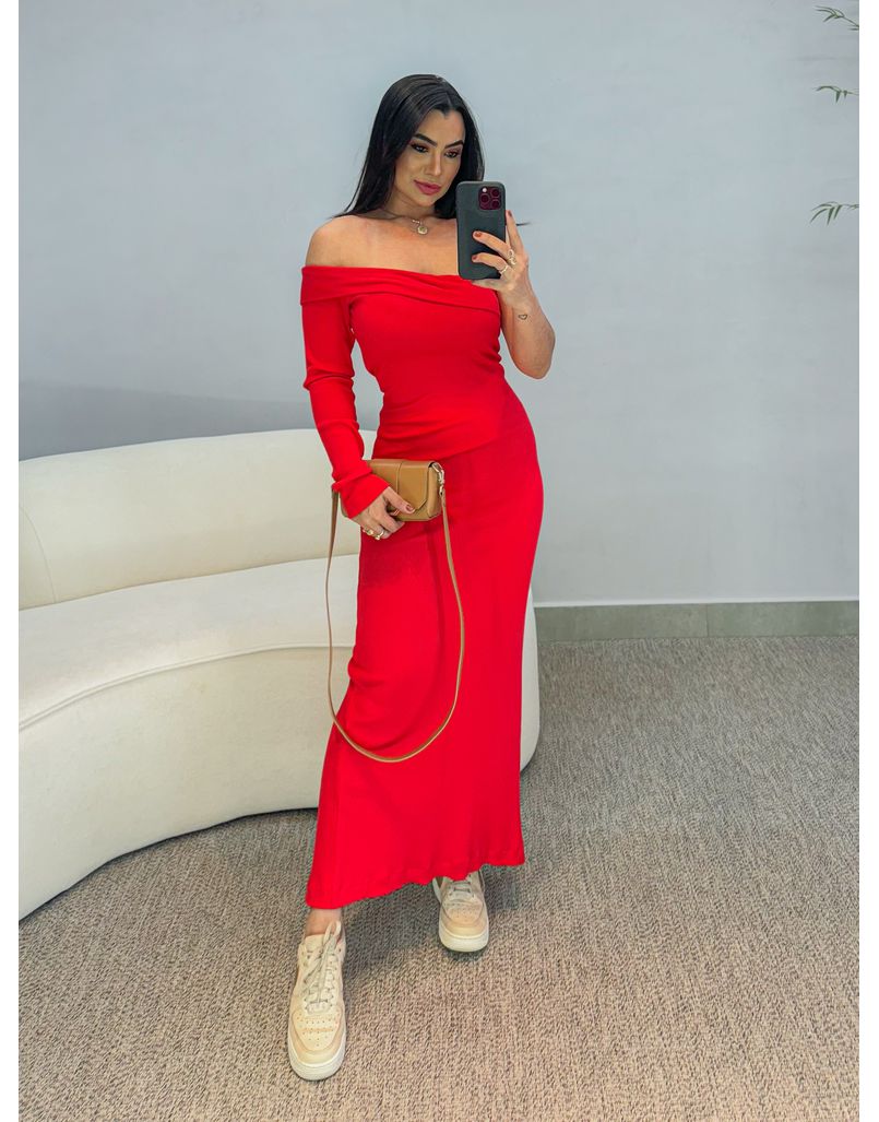Vestido Longo Canelado Vermelho 