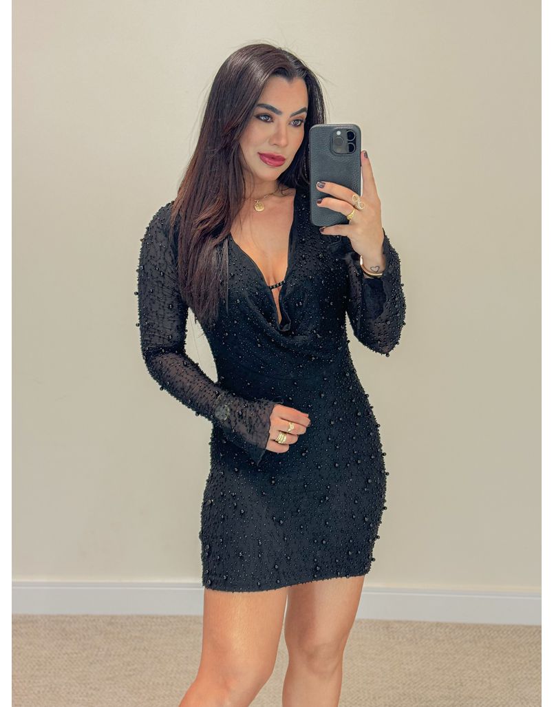 Vestido Tule Pérola Preto