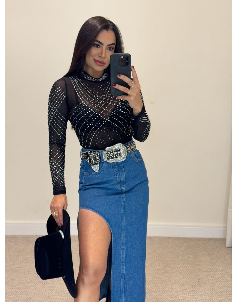 Blusa Pedraria Tule Preta