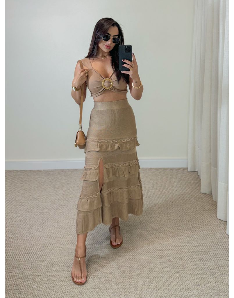 Saia Midi Tricot Babado Cappuccino - Loja La Mina 