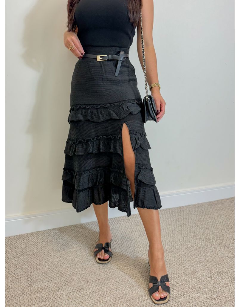 Saia Midi Tricot Babado Preto