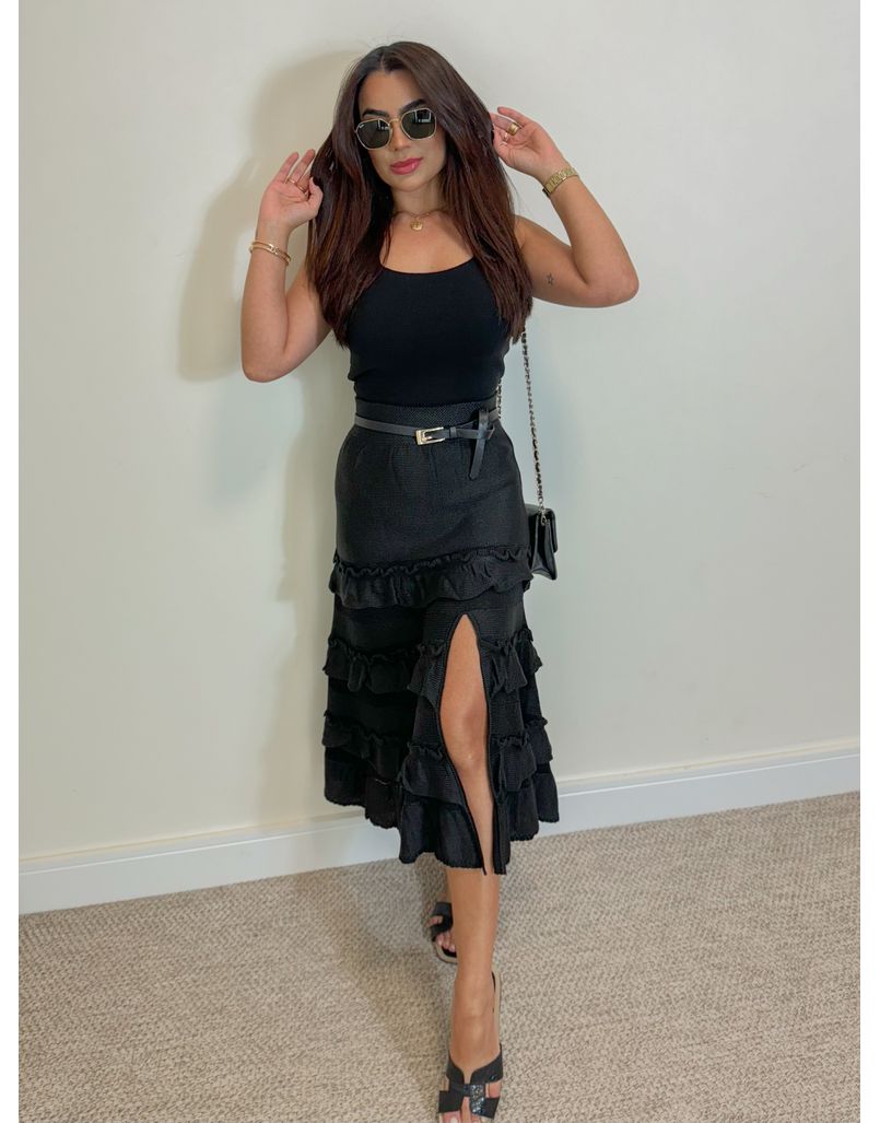 Saia Midi Tricot Babado Preto