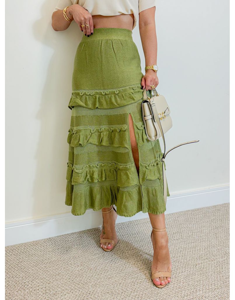 Saia Midi Tricot Babado Verde