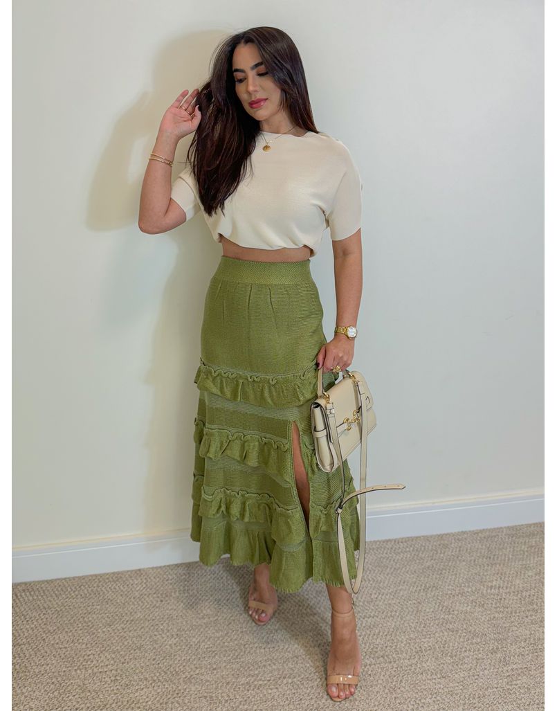 Saia Midi Tricot Babado Verde