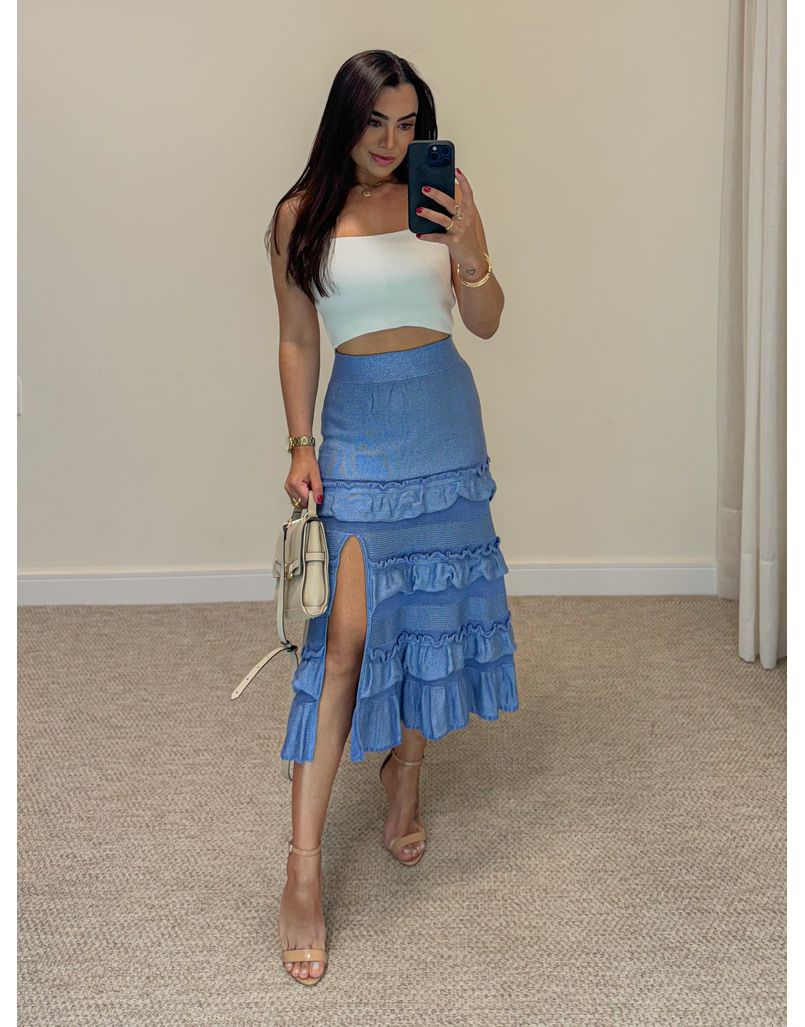 Saia Midi Tricot Babado Azul - Loja La Mina 