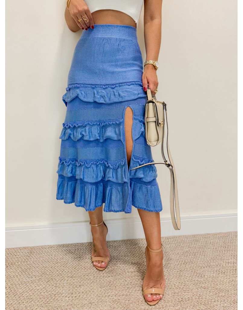 Saia Midi Tricot Babado Azul 