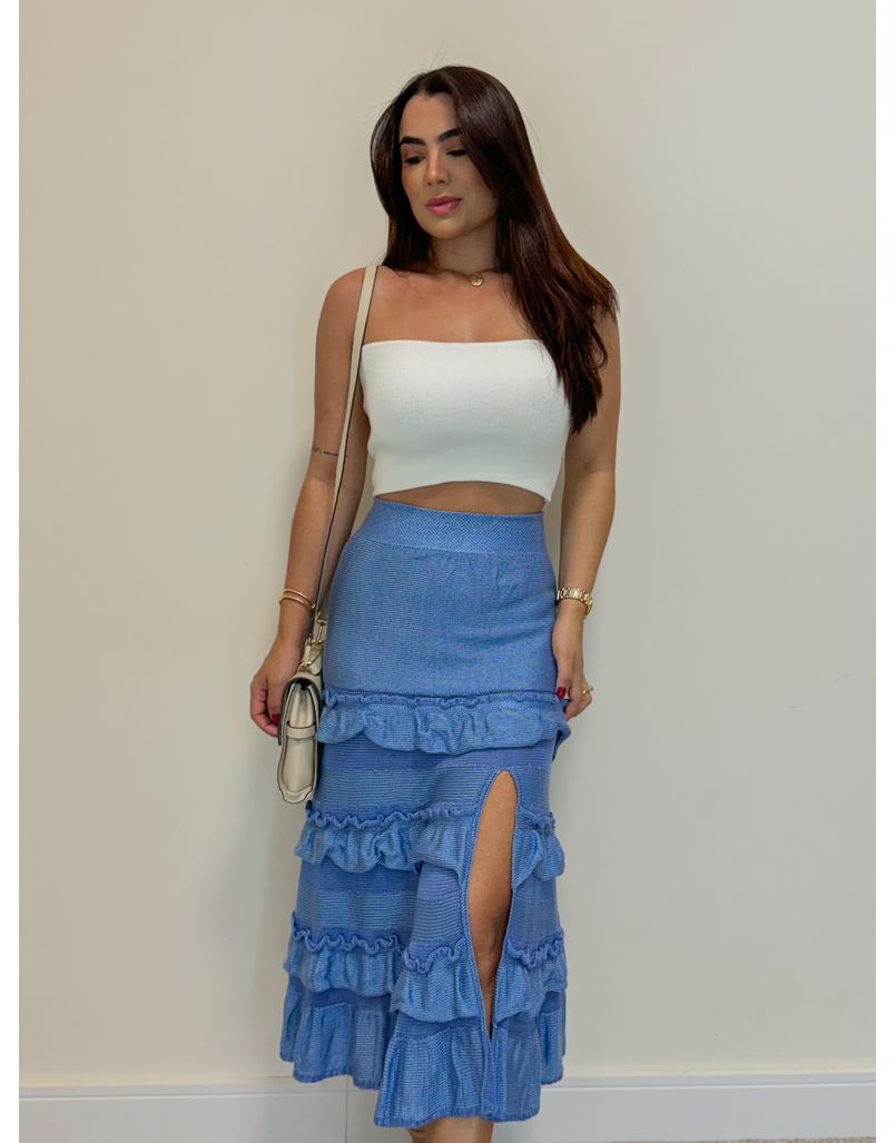 Saia Midi Tricot Babado Azul 