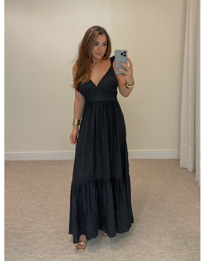 Vestido Alça Babado Barcelona Preto - Loja La Mina 
