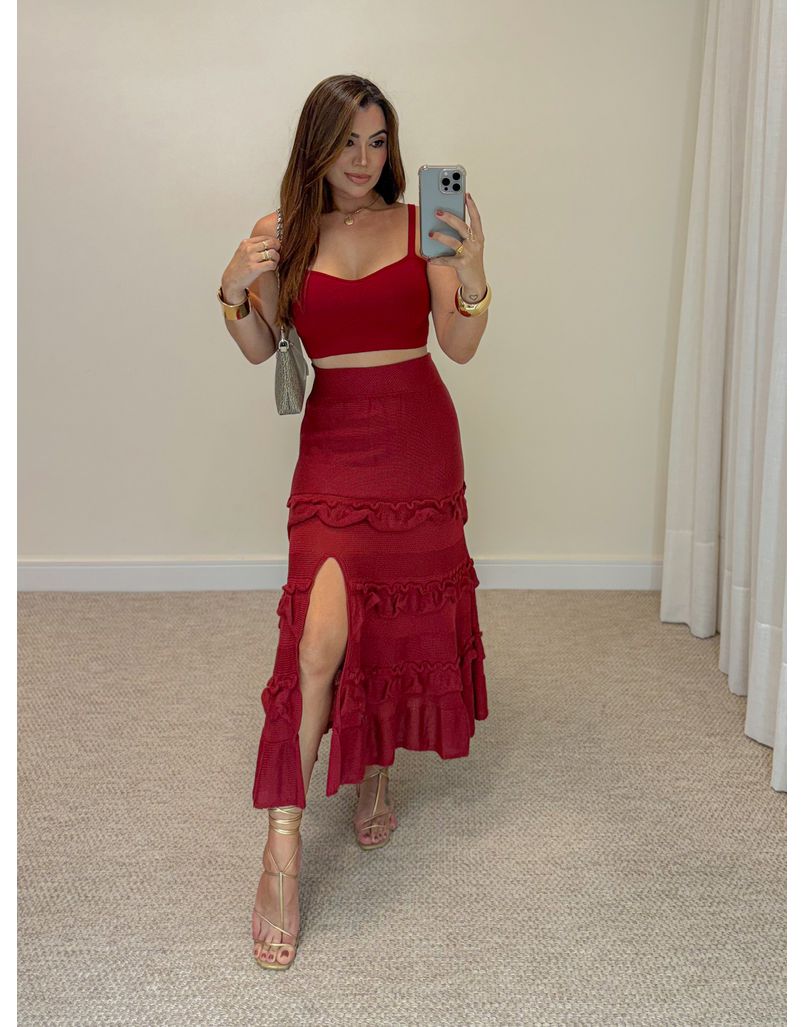Saia Midi Tricot Babado Vermelho