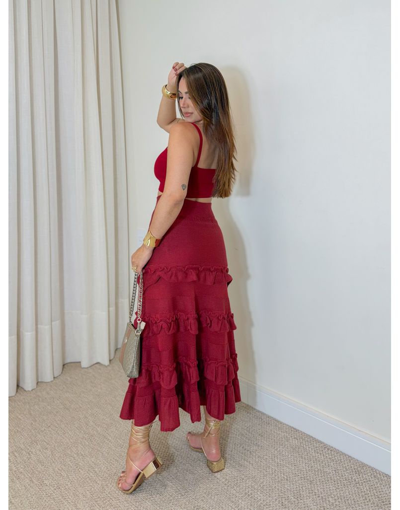 Saia Midi Tricot Babado Vermelho