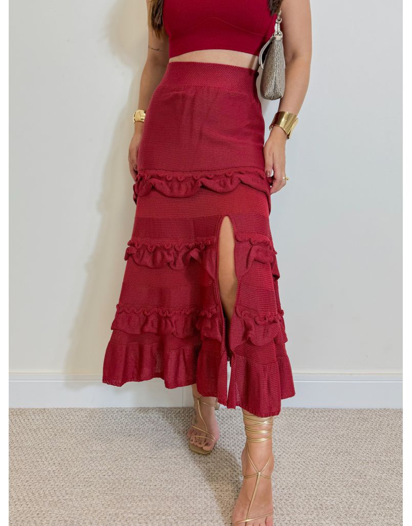 Saia Midi Tricot Babado Vermelho