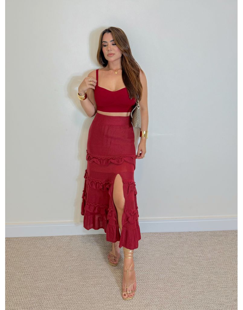 Saia Midi Tricot Babado Vermelho