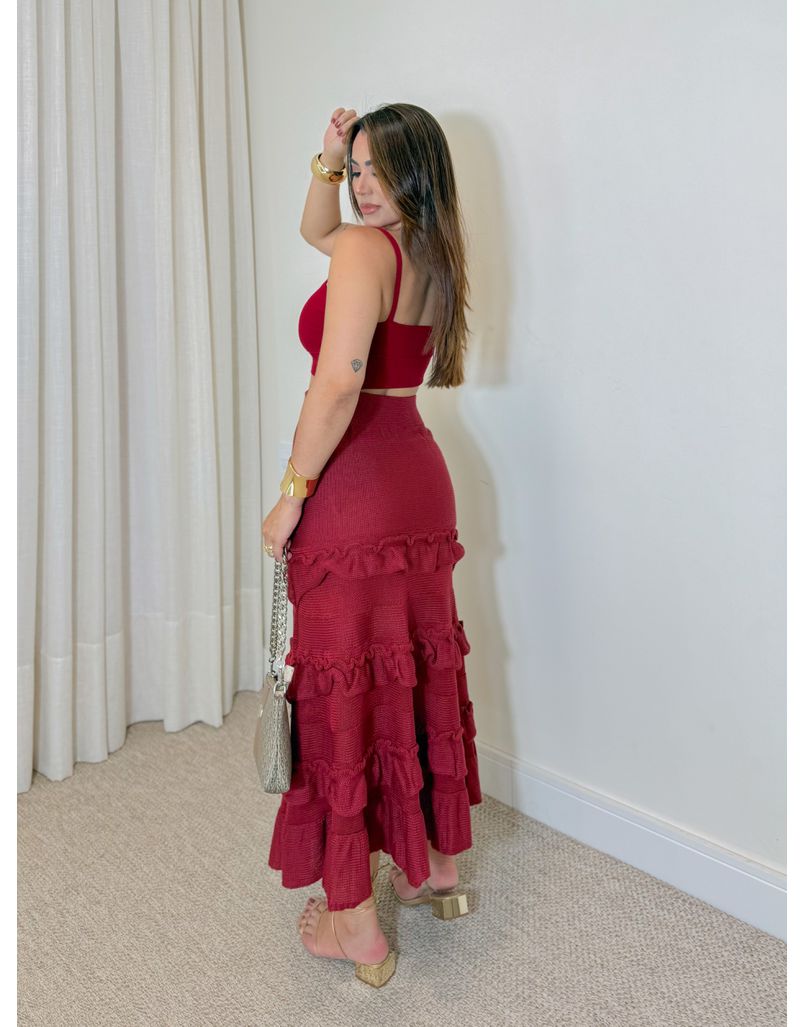 Saia Midi Tricot Babado Vermelho