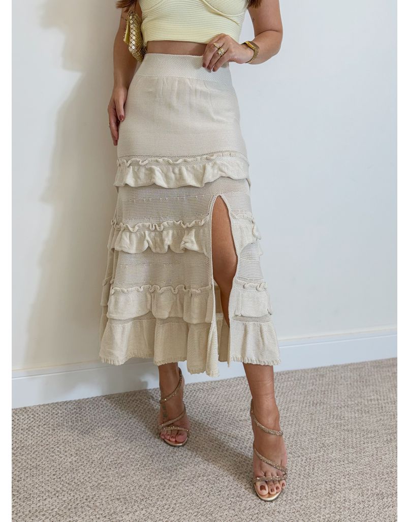 Saia Midi Tricot Babado Areia