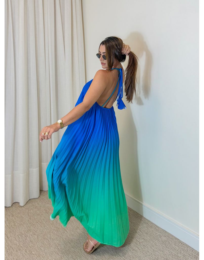 Vestido Longo Plissado Degradê Verde