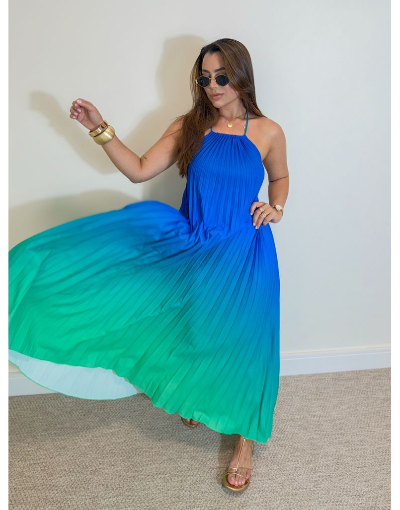 Vestido Longo Plissado Degradê Verde