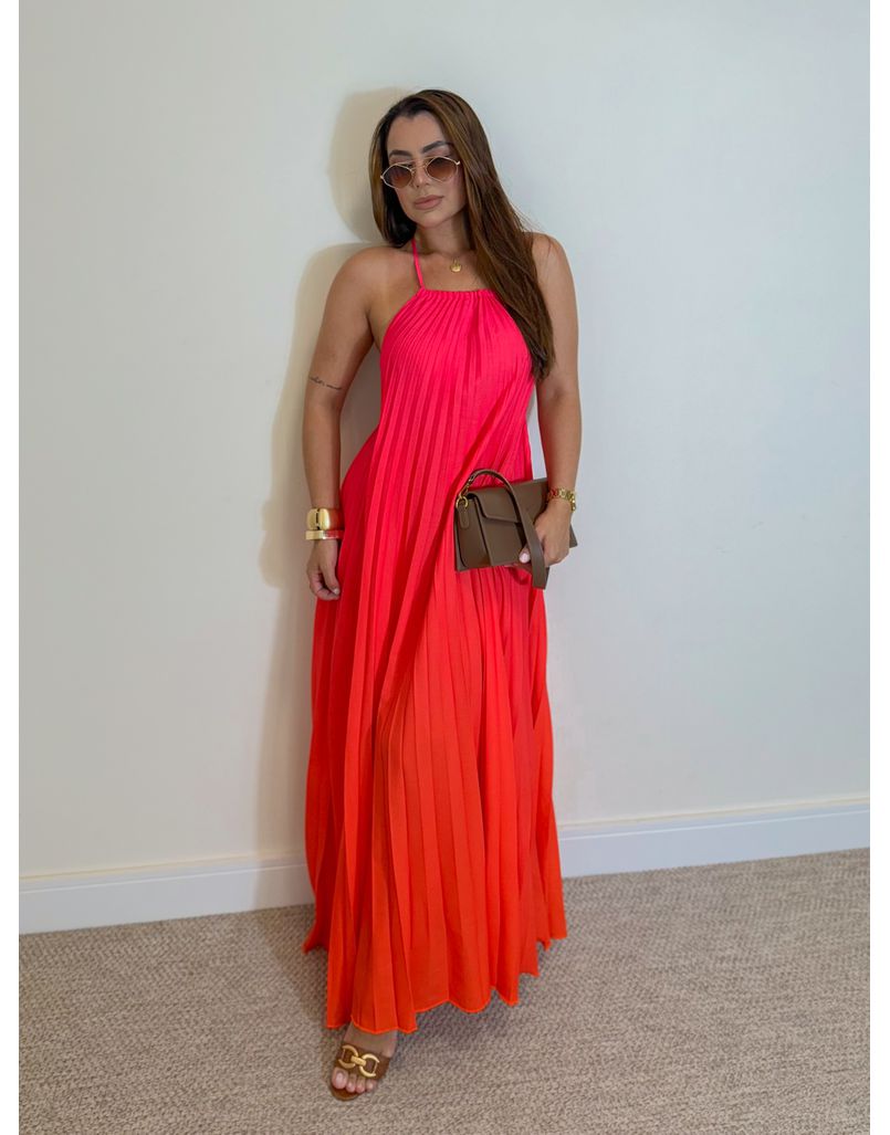 Vestido Longo Plissado Degradê Laranja