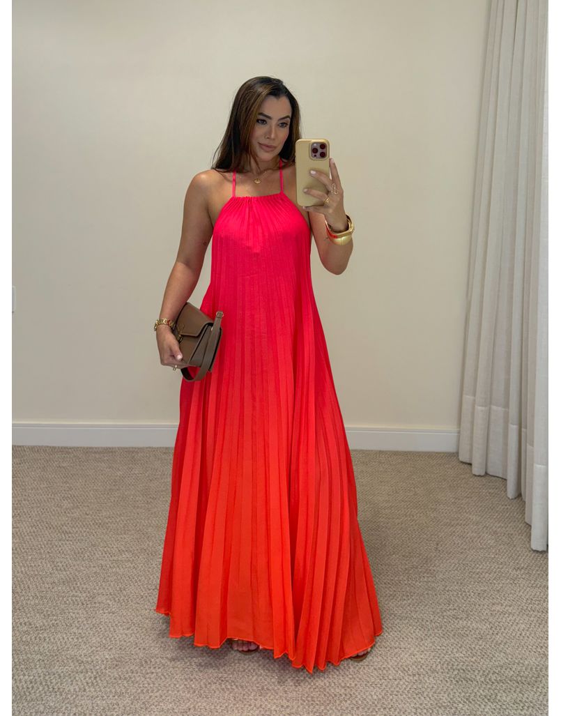 Vestido Longo Plissado Degradê Laranja