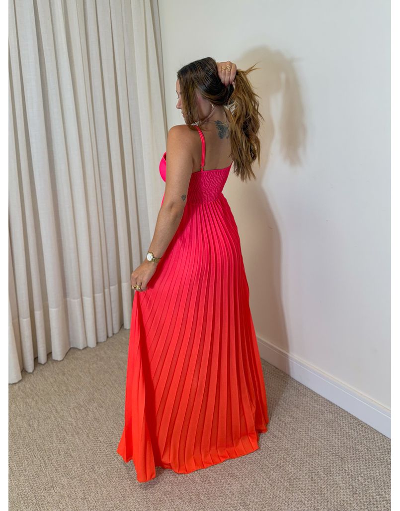 Vestido Decote Plissado Degradê Laranja
