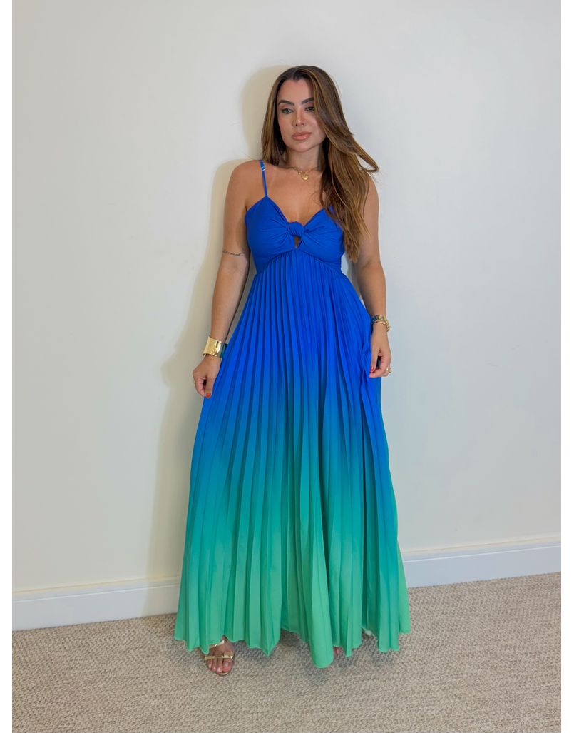 Vestido Decote Plissado Degradê Azul