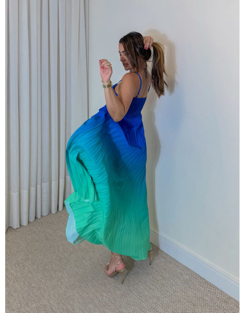 Vestido Decote Plissado Degradê Azul