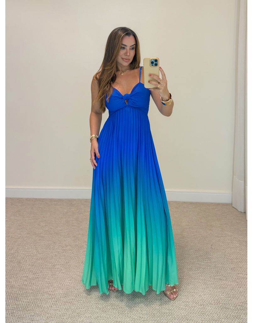 Vestido Decote Plissado Degradê Azul