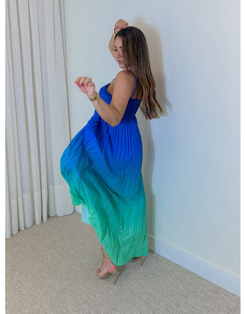 Vestido Decote Plissado Degradê Azul